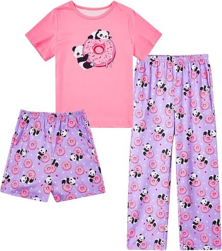Funnycokid Girls Pajamas Kids 3 Piece Pjs Set Summer Short Sleeve Jammies with Pockets 5-14 Years in Kuwait