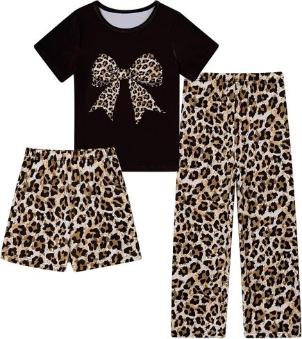Funnycokid Girls Pajamas Kids 3 Piece Pjs Set Summer Short Sleeve Jammies with Pockets 5-14 Years in Kuwait