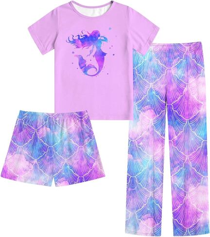Funnycokid Girls Pajamas Kids 3 Piece Pjs Set Summer Short Sleeve Jammies with Pockets 5-14 Years in Kuwait