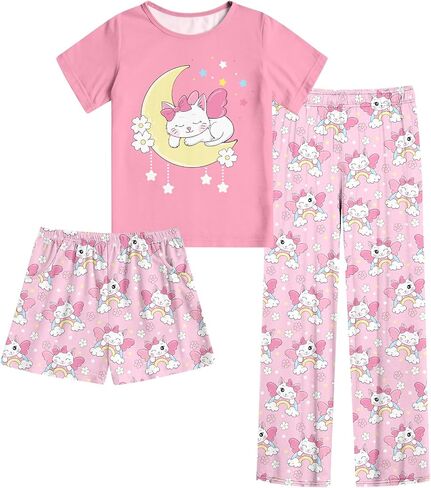 Funnycokid Girls Pajamas Kids 3 Piece Pjs Set Summer Short Sleeve Jammies with Pockets 5-14 Years in Kuwait