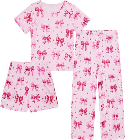 Funnycokid Girls Pajamas Kids 3 Piece Pjs Set Summer Short Sleeve Jammies with Pockets 5-14 Years in Kuwait