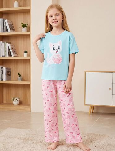 Mikrdoo Girls Pajamas Short Sleeve and Pants 2Pcs Pajama Set for Kids Summer Cozy Sleepwear 6-16Years in Kuwait