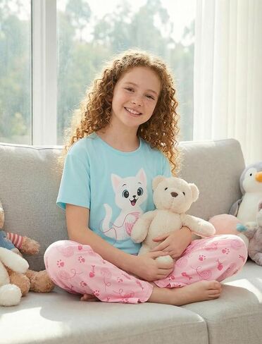 Mikrdoo Girls Pajamas Short Sleeve and Pants 2Pcs Pajama Set for Kids Summer Cozy Sleepwear 6-16Years in Kuwait