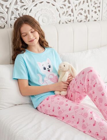 Mikrdoo Girls Pajamas Short Sleeve and Pants 2Pcs Pajama Set for Kids Summer Cozy Sleepwear 6-16Years in Kuwait