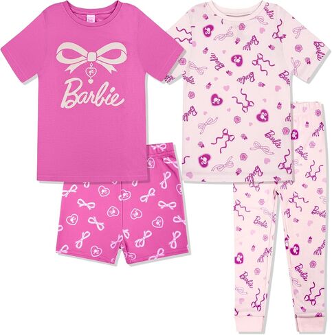 Barbie 4 Piece Pajama Set - Kids Tight Fit Short Sleeve Shorts & Pants, Sleepwear Set for Girls & Toddlers - Official Product in Kuwait