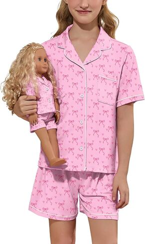 QPANCY Matching Girls&Dolls Pjs Set Short Sleeve Button Down Pajamas kids 2 Piece Sleepwear Shorts Loungewear in Kuwait