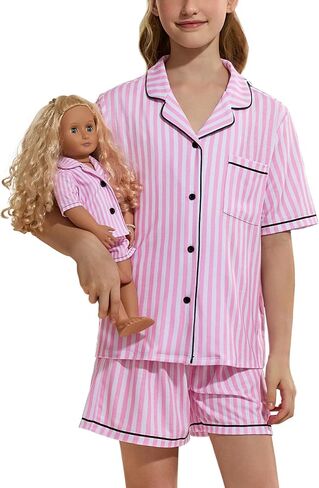 QPANCY Matching Girls&Dolls Pjs Set Short Sleeve Button Down Pajamas kids 2 Piece Sleepwear Shorts Loungewear in Kuwait