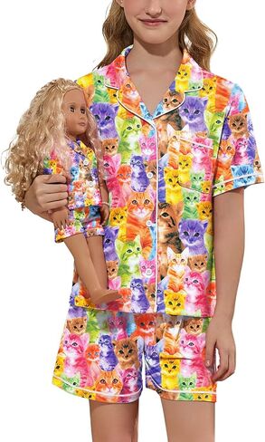 QPANCY Matching Girls&Dolls Pjs Set Short Sleeve Button Down Pajamas kids 2 Piece Sleepwear Shorts Loungewear in Kuwait