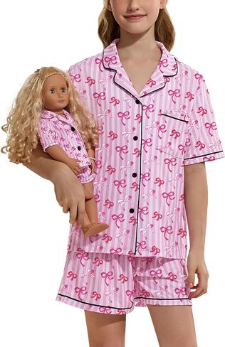 QPANCY Matching Girls&Dolls Pjs Set Short Sleeve Button Down Pajamas kids 2 Piece Sleepwear Shorts Loungewear in Kuwait