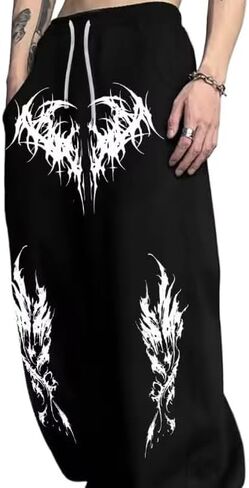Unisex Y2k Gothic Dark Aesthetic Tribal Print Baggy Pants Edgy Streetwear for Urban Outfits Oversized Wide Leg Pants in Kuwait