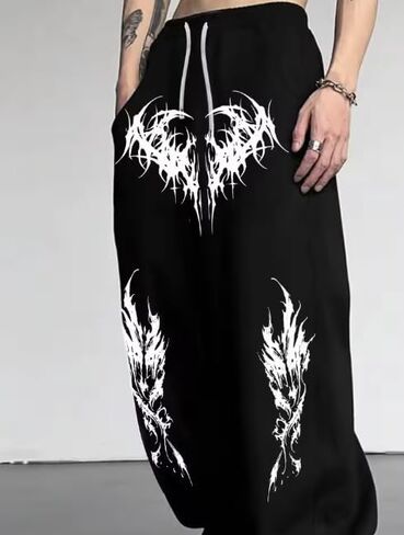 Unisex Y2k Gothic Dark Aesthetic Tribal Print Baggy Pants Edgy Streetwear for Urban Outfits Oversized Wide Leg Pants in Kuwait