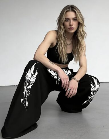 Unisex Y2k Gothic Dark Aesthetic Tribal Print Baggy Pants Edgy Streetwear for Urban Outfits Oversized Wide Leg Pants in Kuwait