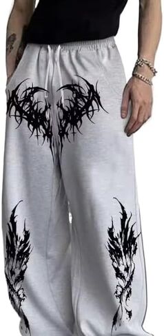 Unisex Y2k Gothic Dark Aesthetic Tribal Print Baggy Pants Edgy Streetwear for Urban Outfits Oversized Wide Leg Pants in Kuwait