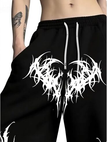 Unisex Y2k Gothic Dark Aesthetic Tribal Print Baggy Pants Edgy Streetwear for Urban Outfits Oversized Wide Leg Pants in Kuwait