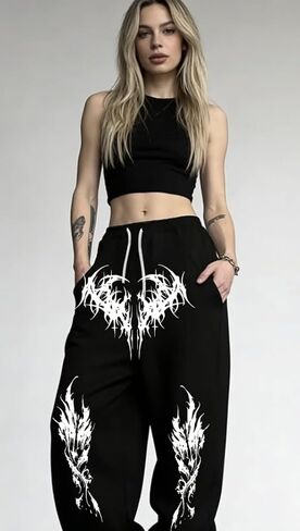 Unisex Y2k Gothic Dark Aesthetic Tribal Print Baggy Pants Edgy Streetwear for Urban Outfits Oversized Wide Leg Pants in Kuwait