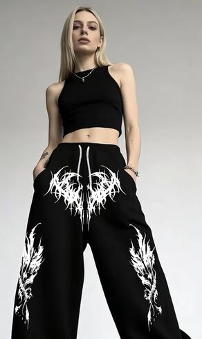 Unisex Y2k Gothic Dark Aesthetic Tribal Print Baggy Pants Edgy Streetwear for Urban Outfits Oversized Wide Leg Pants in Kuwait