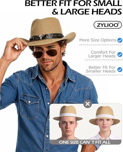 Zylioo XXL Straw Cowboy Hat,Large Size Western Cowgirl Hat,Wide Brim Summer Sun Hats,Breathable Beach Travel Hats in Kuwait