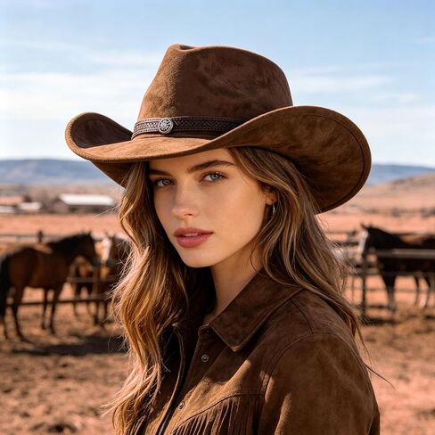 Men's and Women's Cowboy Hats Denim Leather Wide Brim Vintage Brown Cattlemans Hat Adjustable Comfortable Stylish Design Ideal for All Occasions Perfect for Adults Fashionable Headwear(Coffee,Size: M) in Saudi Arabia