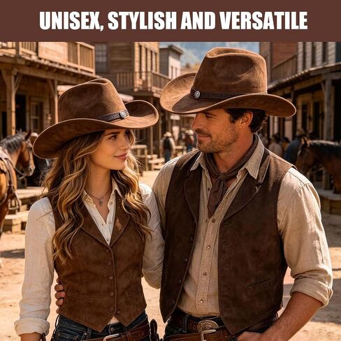 Men's and Women's Cowboy Hats Denim Leather Wide Brim Vintage Brown Cattlemans Hat Adjustable Comfortable Stylish Design Ideal for All Occasions Perfect for Adults Fashionable Headwear(Coffee,Size: M) in Saudi Arabia
