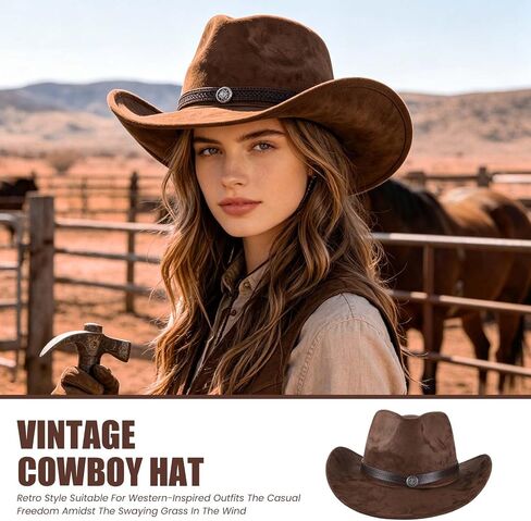 Men's and Women's Cowboy Hats Denim Leather Wide Brim Vintage Brown Cattlemans Hat Adjustable Comfortable Stylish Design Ideal for All Occasions Perfect for Adults Fashionable Headwear(Coffee,Size: M) in Saudi Arabia