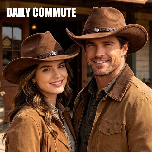 Men's and Women's Cowboy Hats Denim Leather Wide Brim Vintage Brown Cattlemans Hat Adjustable Comfortable Stylish Design Ideal for All Occasions Perfect for Adults Fashionable Headwear(Coffee,Size: M) in Saudi Arabia