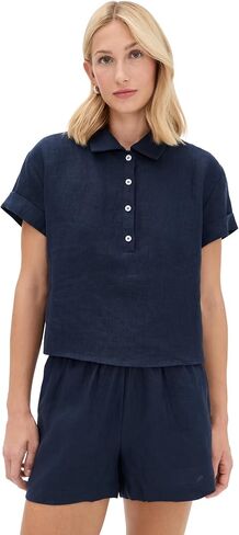 perfectwhitetee Women's Tabitha Linen 1/4 Button Down Collared Tee in Kuwait