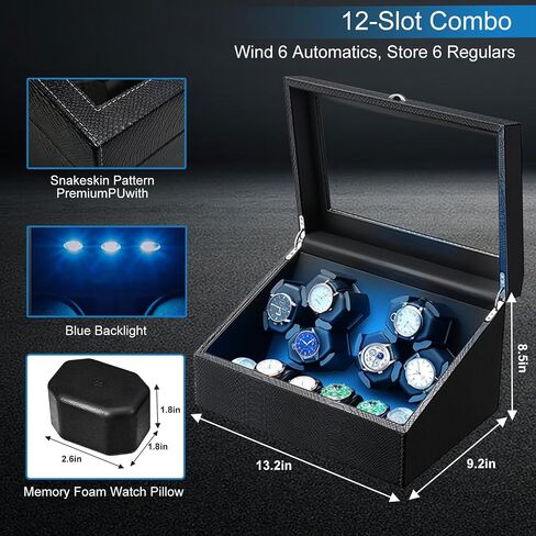 J&T Technology Watch Winder for Automatic Watches,Automatic Watch Winder with LED Light,6 Watch Winder + 6 Storage Case with Quiet Motor for Man/Woman's Watches(PU Snake Skin) in Saudi Arabia