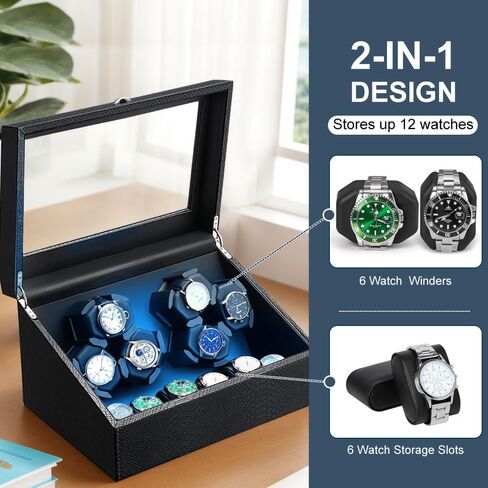 J&T Technology Watch Winder for Automatic Watches,Automatic Watch Winder with LED Light,6 Watch Winder + 6 Storage Case with Quiet Motor for Man/Woman's Watches(PU Snake Skin) in Saudi Arabia