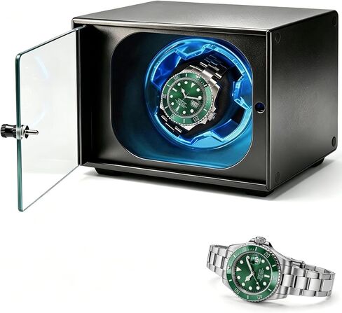 Single Watch Winder for Automatic Watches,Ultra-Quiet Japanese Motor,Premium Anodized Aluminum Watch Winders with Soft Blue Light & Tempered Glass,Luxury Watch Case Gift for Men,Fits Rolex,Omega in Saudi Arabia