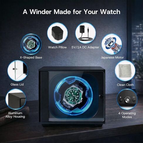 Single Watch Winder for Automatic Watches,Ultra-Quiet Japanese Motor,Premium Anodized Aluminum Watch Winders with Soft Blue Light & Tempered Glass,Luxury Watch Case Gift for Men,Fits Rolex,Omega in Saudi Arabia