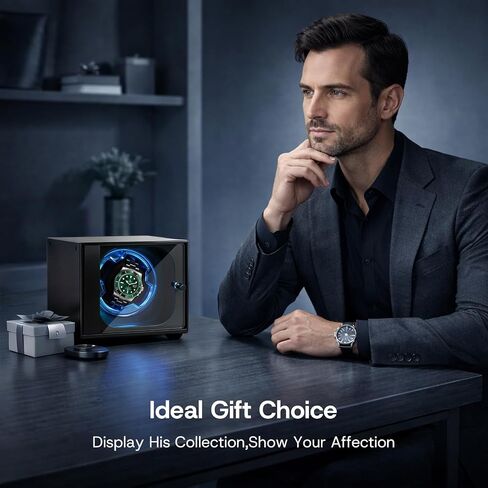 Single Watch Winder for Automatic Watches,Ultra-Quiet Japanese Motor,Premium Anodized Aluminum Watch Winders with Soft Blue Light & Tempered Glass,Luxury Watch Case Gift for Men,Fits Rolex,Omega in Saudi Arabia