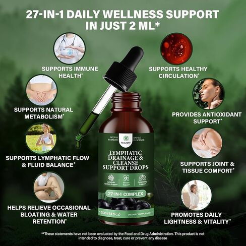 Lymphatic Drainage & Immune Defense Drops, 27-in-1 Liquid Herbal Formula with Zeolite, Activated Charcoal, Echinacea, Elderberry, Burdock, Spirulina & Chlorella, for Women & Men, 4-OZ,2-Month Supply in Saudi Arabia
