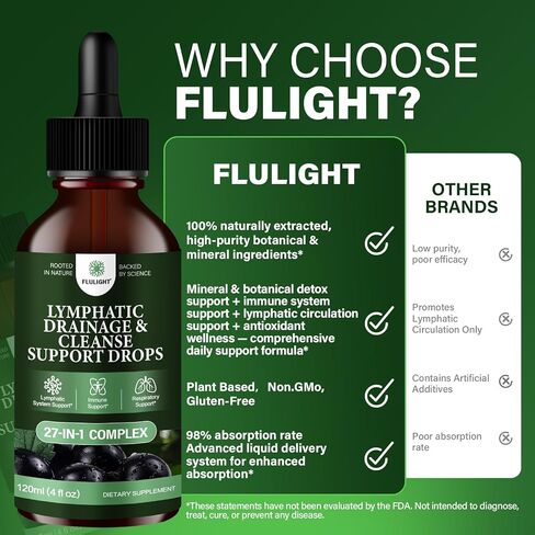 Lymphatic Drainage & Immune Defense Drops, 27-in-1 Liquid Herbal Formula with Zeolite, Activated Charcoal, Echinacea, Elderberry, Burdock, Spirulina & Chlorella, for Women & Men, 4-OZ,2-Month Supply in Saudi Arabia