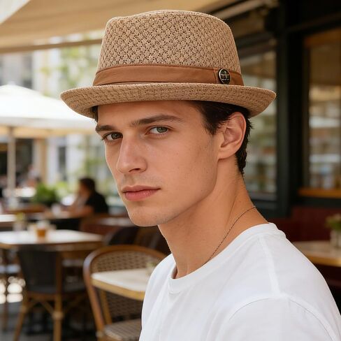 OIDEA Men's Mesh Breathable Dress Hats: Simple Strappy Flat Top Casual Fedora Hat for Men Light Formal Occasion Outdoor White in Kuwait