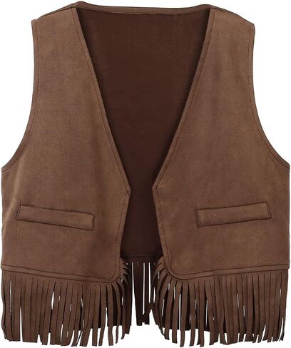 Girls Sleeveless Fringe Vest Western Cowgirl Outfits Kids 70s Hippie Boho Tassels Jacket Cardigan Tween Dress Up Party Outfit in Kuwait