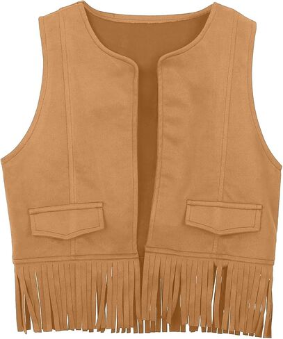 Girls Sleeveless Fringe Vest Western Cowgirl Outfits Kids 70s Hippie Boho Tassels Jacket Cardigan Tween Dress Up Party Outfit in Kuwait