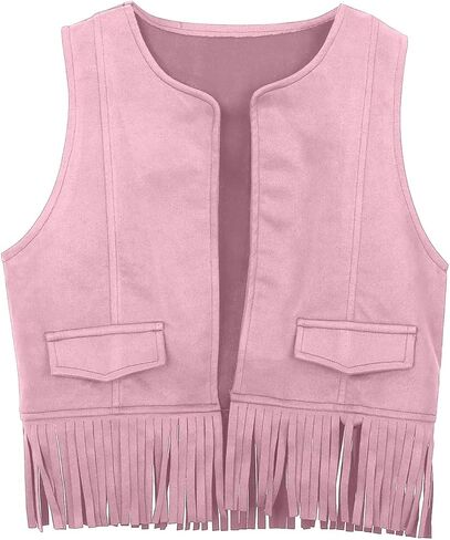 Girls Sleeveless Fringe Vest Western Cowgirl Outfits Kids 70s Hippie Boho Tassels Jacket Cardigan Tween Dress Up Party Outfit in Kuwait