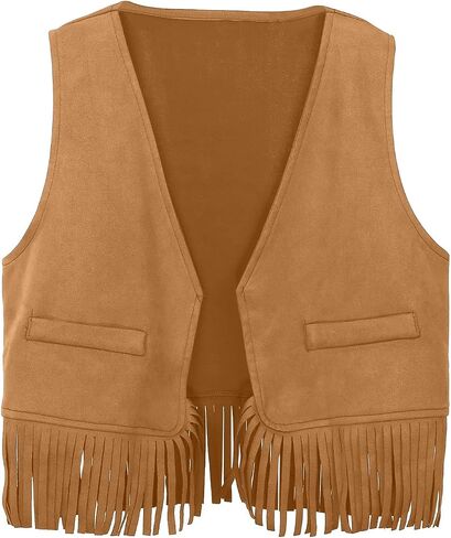 Girls Sleeveless Fringe Vest Western Cowgirl Outfits Kids 70s Hippie Boho Tassels Jacket Cardigan Tween Dress Up Party Outfit in Kuwait