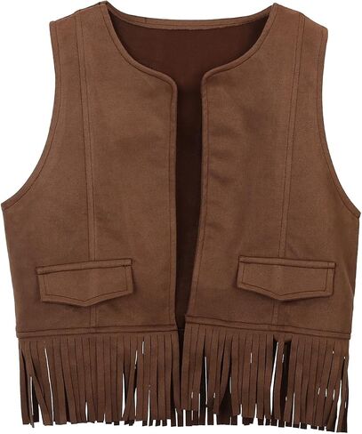 Girls Sleeveless Fringe Vest Western Cowgirl Outfits Kids 70s Hippie Boho Tassels Jacket Cardigan Tween Dress Up Party Outfit in Kuwait