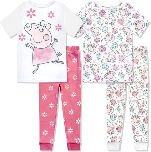 Peppa Pig 4 Piece Pajama Set - Kids Tight Fit Soft Short Sleeve Shirt & Pants, Sleepwear Set for Girls & Toddlers - Official in Kuwait