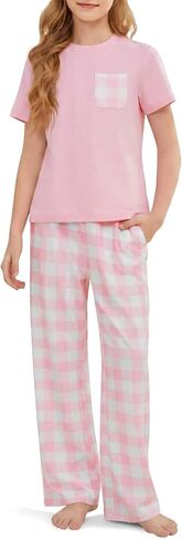 rrhss Girls Pajama Sets Kids Short Sleeve Tops and Plaid Long Pants PJS Sleepwear Soft Lounge Set 5-14 Years in Kuwait