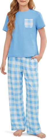 rrhss Girls Pajama Sets Kids Short Sleeve Tops and Plaid Long Pants PJS Sleepwear Soft Lounge Set 5-14 Years in Kuwait