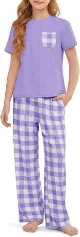 rrhss Girls Pajama Sets Kids Short Sleeve Tops and Plaid Long Pants PJS Sleepwear Soft Lounge Set 5-14 Years in Kuwait