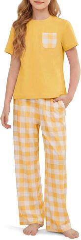 rrhss Girls Pajama Sets Kids Short Sleeve Tops and Plaid Long Pants PJS Sleepwear Soft Lounge Set 5-14 Years in Kuwait