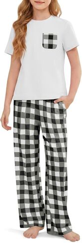 rrhss Girls Pajama Sets Kids Short Sleeve Tops and Plaid Long Pants PJS Sleepwear Soft Lounge Set 5-14 Years in Kuwait