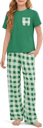 rrhss Girls Pajama Sets Kids Short Sleeve Tops and Plaid Long Pants PJS Sleepwear Soft Lounge Set 5-14 Years in Kuwait