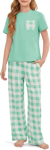 rrhss Girls Pajama Sets Kids Short Sleeve Tops and Plaid Long Pants PJS Sleepwear Soft Lounge Set 5-14 Years in Kuwait