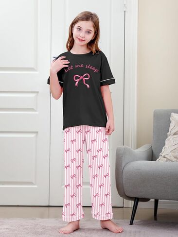 Umeyda Girls Pajamas 2PCS Short Sleeve Top & Pants 100% Cotton Pjs Sets Loungewear for Kids Age 5-14 Years in Saudi Arabia