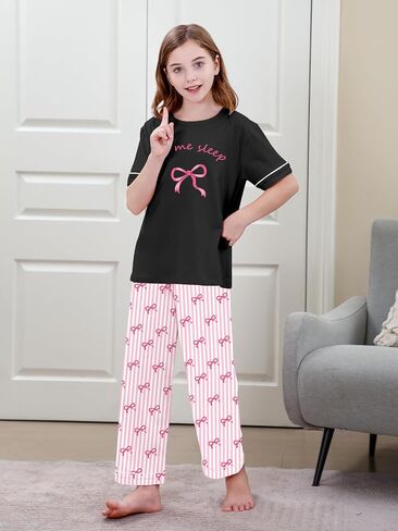 Umeyda Girls Pajamas 2PCS Short Sleeve Top & Pants 100% Cotton Pjs Sets Loungewear for Kids Age 5-14 Years in Saudi Arabia