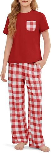 rrhss Girls Pajama Sets Kids Short Sleeve Tops and Plaid Long Pants PJS Sleepwear Soft Lounge Set 5-14 Years in Kuwait